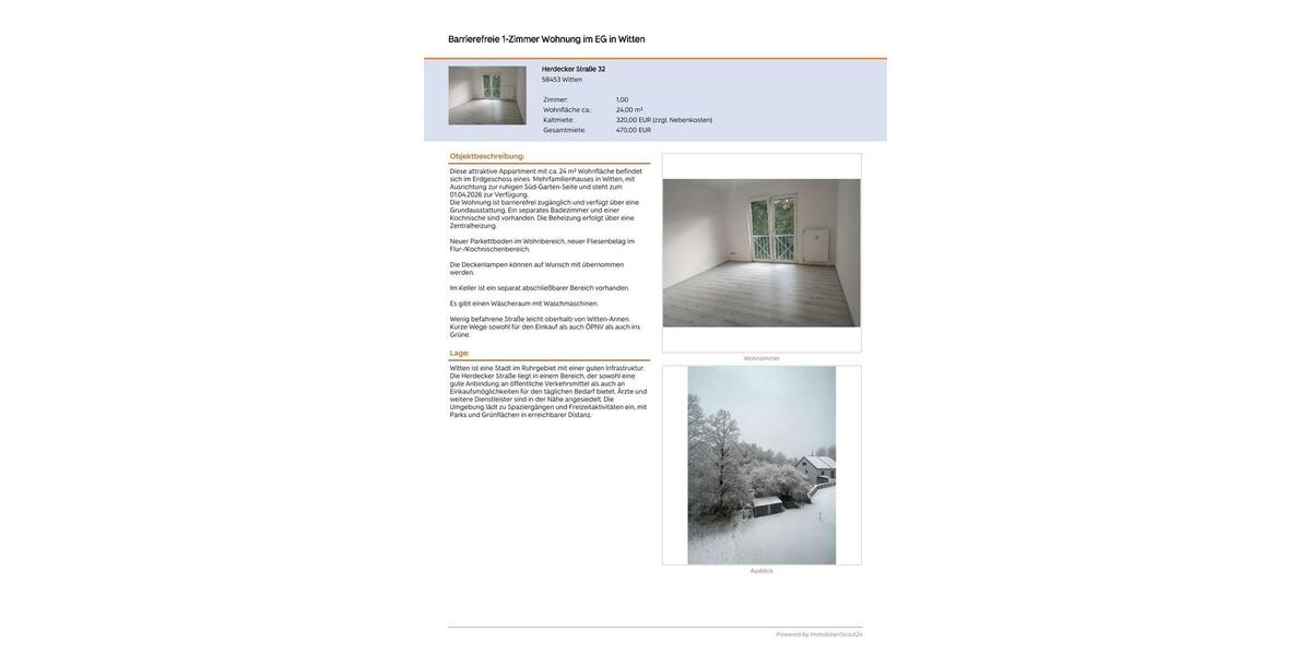 Erdgeschoßwohnung Witten Annen - 1 Zimmer, 24 m&sup2;, 320&euro; | Angebot:26546015
