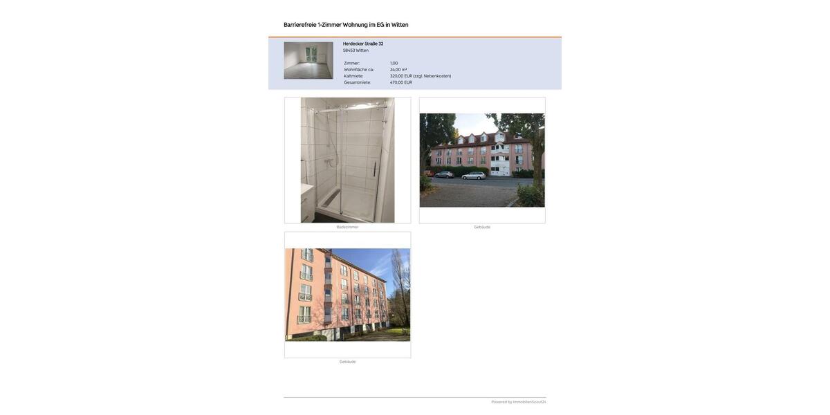 Erdgeschoßwohnung Witten Annen - 1 Zimmer, 24 m&sup2;, 320&euro; | Angebot:26546015
